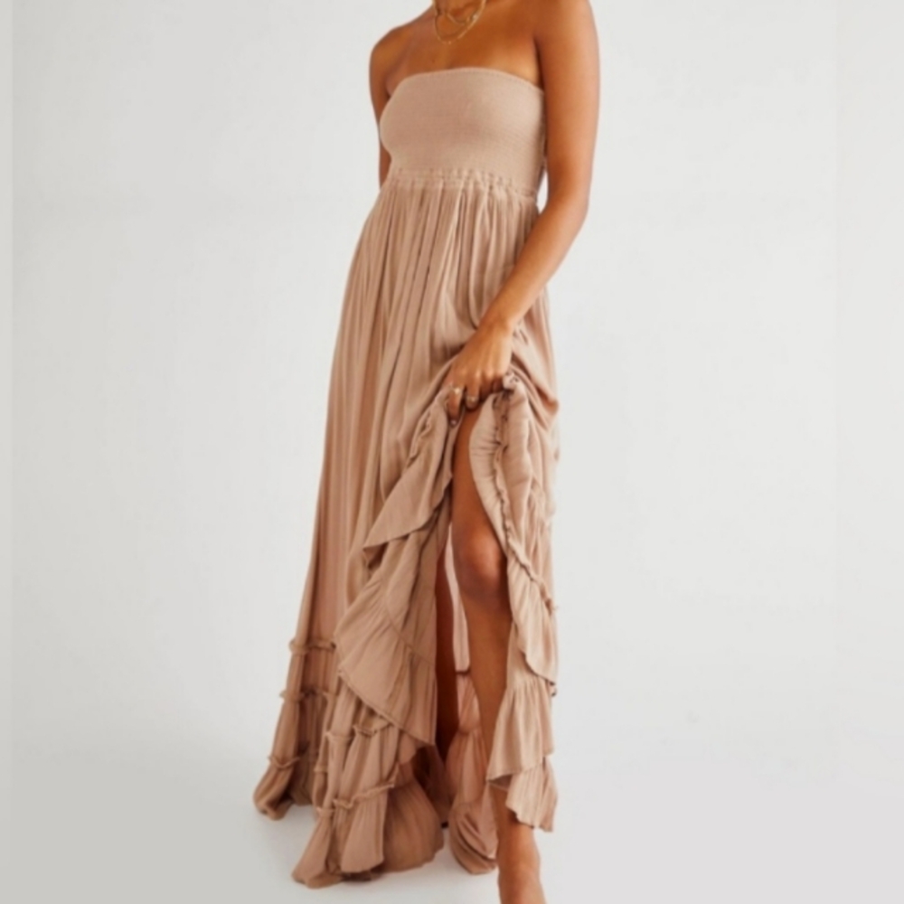 Tan Summer Maxi Boho Sun Dress Tiered Flowy Bohemian Beach Vacation Gauze New